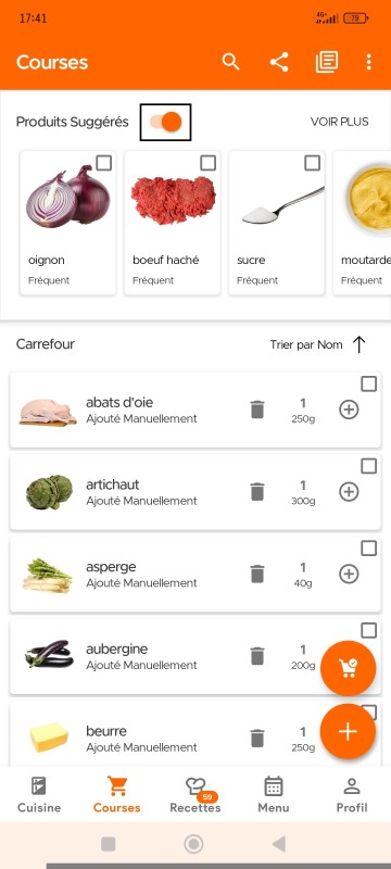 Toggle suggested items switch on Shopping List